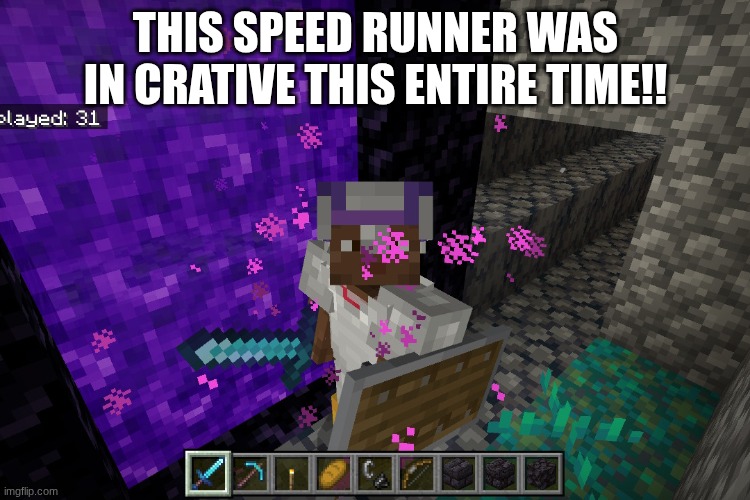 a fake speed runner | THIS SPEED RUNNER WAS IN CRATIVE THIS ENTIRE TIME!! | image tagged in minecraft | made w/ Imgflip meme maker