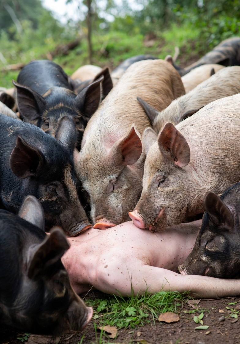 Pigs feeding on a human body Blank Meme Template