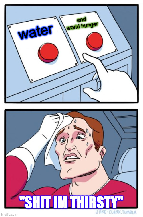 Ich habe gelogen | end world hunger; water; "SHIT IM THIRSTY" | image tagged in memes,two buttons | made w/ Imgflip meme maker