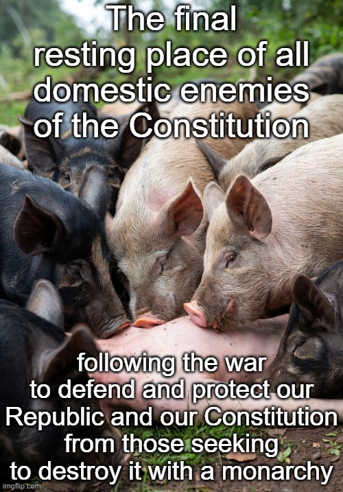 The final resting place of all domestic enemies of the Constitution following the war to defend and protect our Republic and our Constitutio | image tagged in pigs feeding on a human body | made w/ Imgflip meme maker