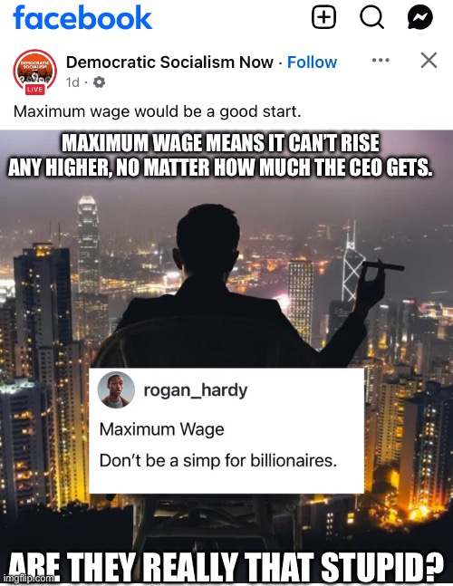 When the democratic socialists say the quiet part out loud. | MAXIMUM WAGE MEANS IT CAN’T RISE ANY HIGHER, NO MATTER HOW MUCH THE CEO GETS. ARE THEY REALLY THAT STUPID? | image tagged in democratic socialism | made w/ Imgflip meme maker