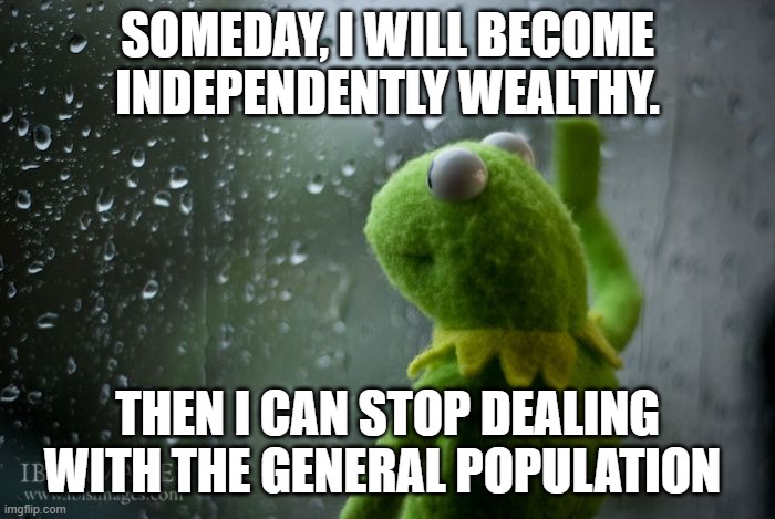 kermit window | SOMEDAY, I WILL BECOME INDEPENDENTLY WEALTHY. THEN I CAN STOP DEALING WITH THE GENERAL POPULATION | image tagged in kermit window | made w/ Imgflip meme maker