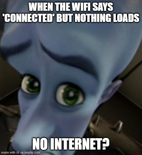 Megamind no bitches | WHEN THE WIFI SAYS 'CONNECTED' BUT NOTHING LOADS; NO INTERNET? | image tagged in megamind no bitches | made w/ Imgflip meme maker