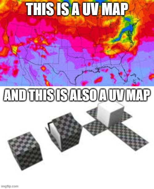 UV Map | THIS IS A UV MAP; AND THIS IS ALSO A UV MAP | image tagged in uv map,texture,map,uv,blender,uv texture | made w/ Imgflip meme maker