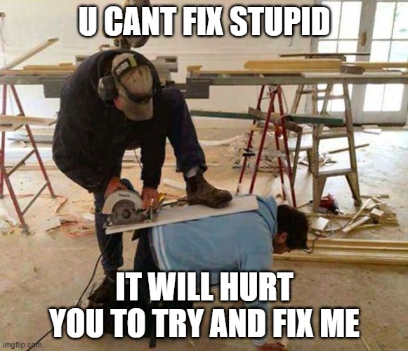 Power tool safety fail | U CANT FIX STUPID; IT WILL HURT YOU TO TRY AND FIX ME | image tagged in power tool safety fail | made w/ Imgflip meme maker