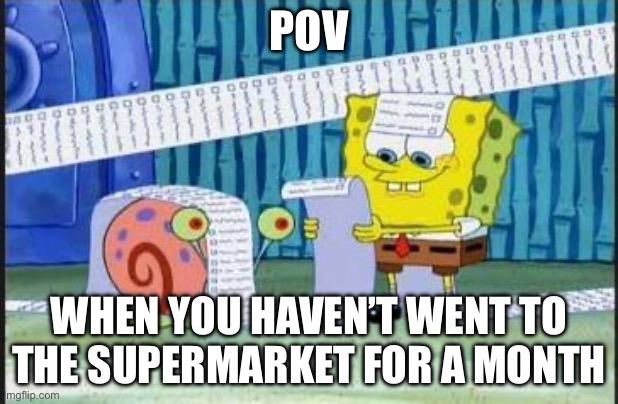 Really long list | POV; WHEN YOU HAVEN’T WENT TO THE SUPERMARKET FOR A MONTH | image tagged in really long list | made w/ Imgflip meme maker