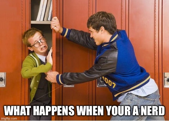 School Nerd | WHAT HAPPENS WHEN YOUR A NERD | image tagged in bully shoving nerd into locker | made w/ Imgflip meme maker