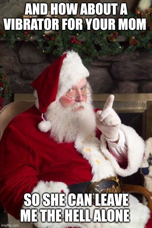 Santa | AND HOW ABOUT A VIBRATOR FOR YOUR MOM SO SHE CAN LEAVE ME THE HELL ALONE | image tagged in santa | made w/ Imgflip meme maker