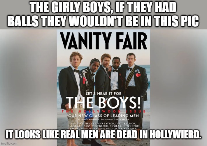 No Man Card | THE GIRLY BOYS, IF THEY HAD BALLS THEY WOULDN'T BE IN THIS PIC; IT LOOKS LIKE REAL MEN ARE DEAD IN HOLLYWIERD. | image tagged in the girly boys | made w/ Imgflip meme maker