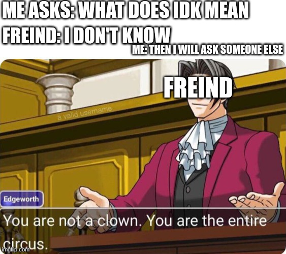 You are not a clown. You are the entire circus. | ME ASKS: WHAT DOES IDK MEAN; FREIND: I DON'T KNOW; ME: THEN I WILL ASK SOMEONE ELSE; FREIND | image tagged in you are not a clown you are the entire circus | made w/ Imgflip meme maker