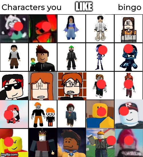 redo since it didn't blow up until aymy | LIKE | image tagged in characters you love/simp for bingo | made w/ Imgflip meme maker