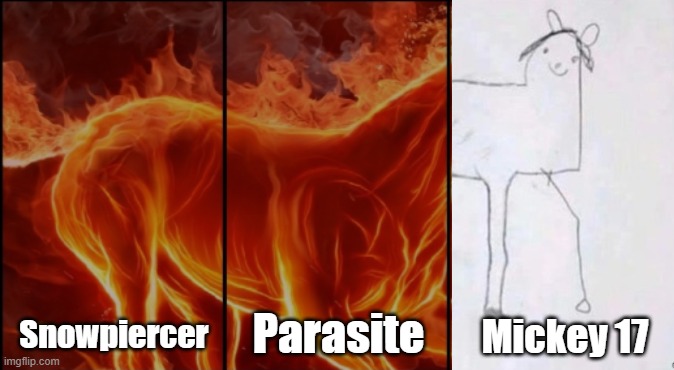 Bong Joon Ho Movies | Parasite; Mickey 17; Snowpiercer | image tagged in horse fire trilogy,parasite,mickey 17,snowpiercer,classic movies | made w/ Imgflip meme maker