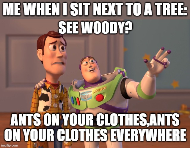 Everywhere! | ME WHEN I SIT NEXT TO A TREE:; SEE WOODY? ANTS ON YOUR CLOTHES,ANTS ON YOUR CLOTHES EVERYWHERE | image tagged in memes,x x everywhere,ants,funny,fun,lolz | made w/ Imgflip meme maker
