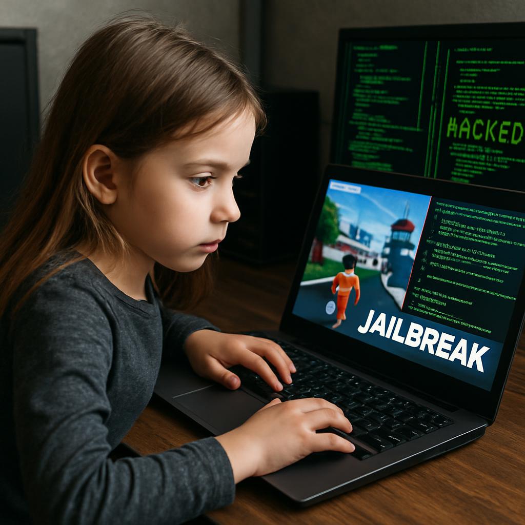 Kid sitted on her computer hacking on roblox jailbreak Blank Meme Template