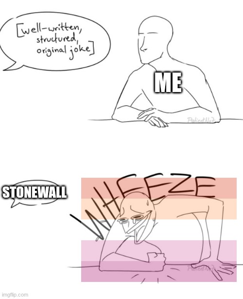 STONEWALL WAS A RIOT | ME; STONEWALL | image tagged in wheeze,lesbians,stonewall was a riot | made w/ Imgflip meme maker