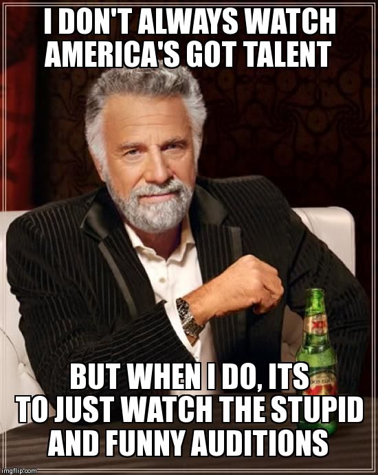 I feel this is a valid reason to watch AGT | I DON'T ALWAYS WATCH AMERICA'S GOT TALENT BUT WHEN I DO, ITS TO JUST WATCH THE STUPID AND FUNNY AUDITIONS | image tagged in memes,the most interesting man in the world | made w/ Imgflip meme maker