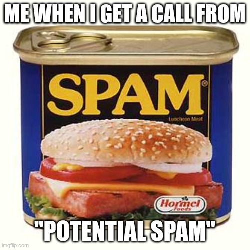 spam | ME WHEN I GET A CALL FROM; "POTENTIAL SPAM" | image tagged in spam | made w/ Imgflip meme maker