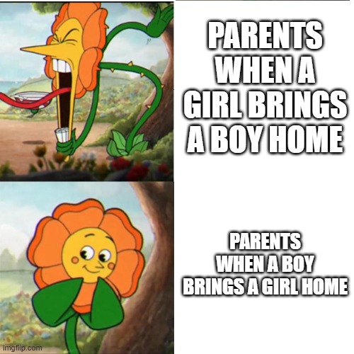 It's probably because parents fear their girl being with someone abusive or something, but girls are out of the question. | PARENTS WHEN A GIRL BRINGS A BOY HOME; PARENTS WHEN A BOY BRINGS A GIRL HOME | image tagged in cuphead flower,memes | made w/ Imgflip meme maker