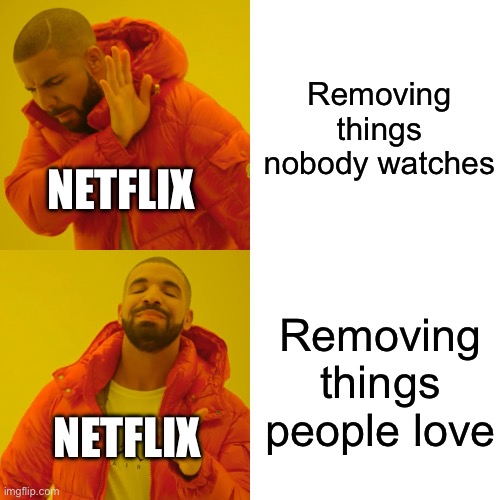 Real | Removing things nobody watches; NETFLIX; Removing things people love; NETFLIX | image tagged in memes,drake hotline bling | made w/ Imgflip meme maker