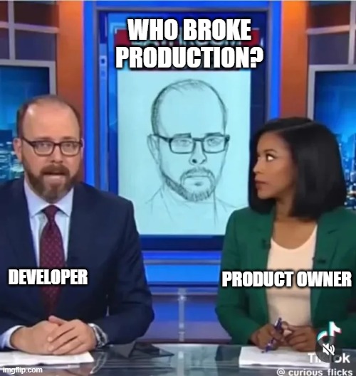 It could have been any one of us! | WHO BROKE PRODUCTION? DEVELOPER; PRODUCT OWNER | image tagged in funny,software | made w/ Imgflip meme maker