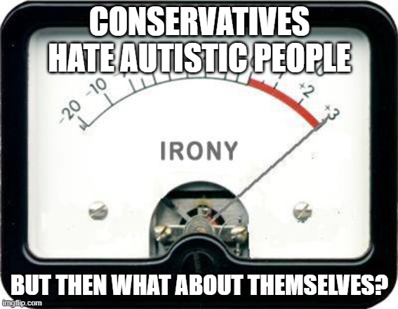 When conservatives think too short | CONSERVATIVES HATE AUTISTIC PEOPLE; BUT THEN WHAT ABOUT THEMSELVES? | image tagged in irony meter | made w/ Imgflip meme maker