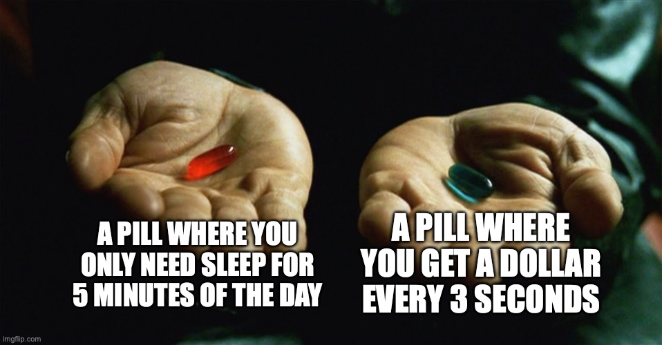 Choose Wisely | A PILL WHERE YOU ONLY NEED SLEEP FOR 5 MINUTES OF THE DAY; A PILL WHERE YOU GET A DOLLAR EVERY 3 SECONDS | image tagged in red pill blue pill,choose wisely,decision | made w/ Imgflip meme maker