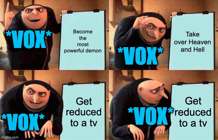 Gru's Plan | Become the most powerful demon; Take over Heaven and Hell; *VOX*; *VOX*; Get reduced to a tv; Get reduced to a tv; *VOX*; *VOX* | image tagged in memes,gru's plan | made w/ Imgflip meme maker