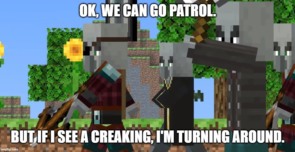 Pillager Patrol | OK, WE CAN GO PATROL. BUT IF I SEE A CREAKING, I'M TURNING AROUND. | image tagged in pillager patrol | made w/ Imgflip meme maker