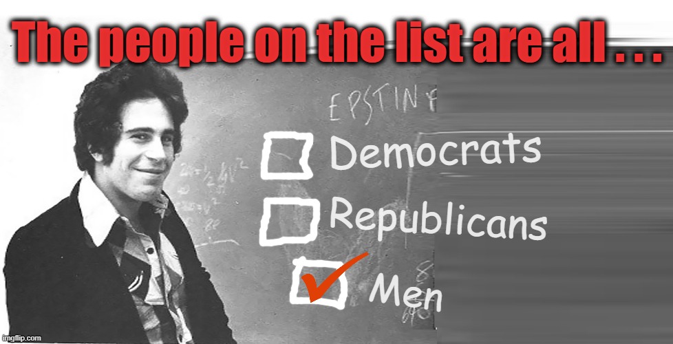 Everyone on Epstein's list ... | The people on the list are all . . . Democrats; Republicans; Men | image tagged in jeffrey epstein,epstein,maga,bill clinton,trump,pedophiles | made w/ Imgflip meme maker