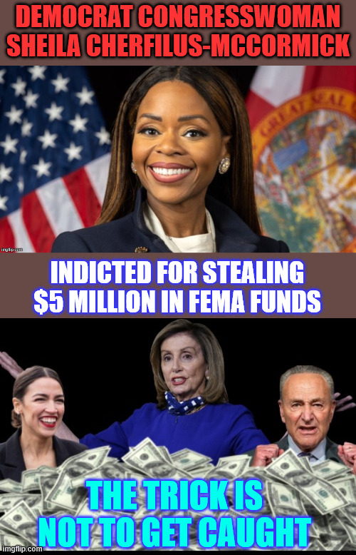 Just another crooked dem the MSM will ignore reporting about | DEMOCRAT CONGRESSWOMAN SHEILA CHERFILUS-MCCORMICK; INDICTED FOR STEALING $5 MILLION IN FEMA FUNDS; THE TRICK IS NOT TO GET CAUGHT | image tagged in crooked dems,the trick is not to get caught | made w/ Imgflip meme maker