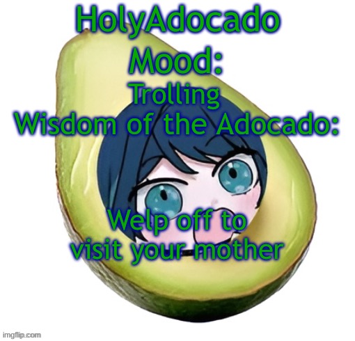 Holy Adocado! | Trolling; Welp off to visit your mother | image tagged in holy adocado | made w/ Imgflip meme maker