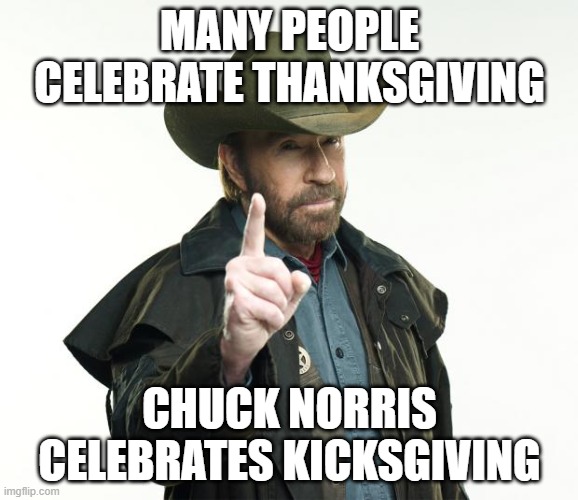 Chuck Norris doesn't carve the turkey. He roundhouse-slices it into equal parts...from across the room. | MANY PEOPLE CELEBRATE THANKSGIVING; CHUCK NORRIS CELEBRATES KICKSGIVING | image tagged in memes,chuck norris finger,chuck norris,thanksgiving,roundhouse kick chuck norris,chuck norris fact | made w/ Imgflip meme maker