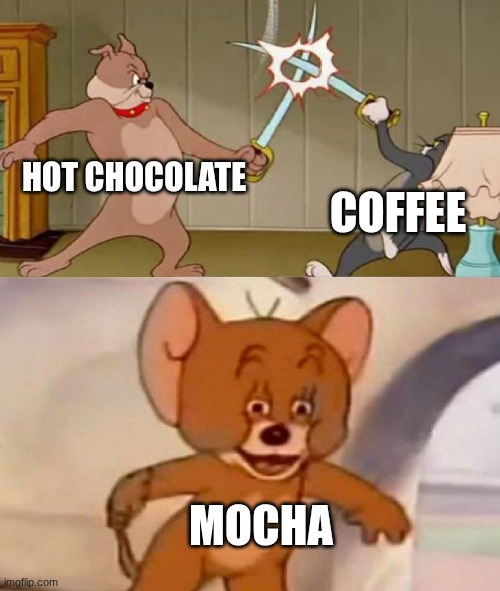 Tom and Jerry swordfight | HOT CHOCOLATE; COFFEE; MOCHA | image tagged in tom and jerry swordfight | made w/ Imgflip meme maker