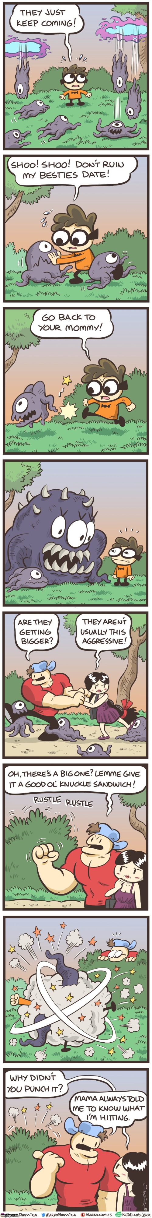 image tagged in nerd,portals,demons,fight,jock,olga | made w/ Imgflip meme maker