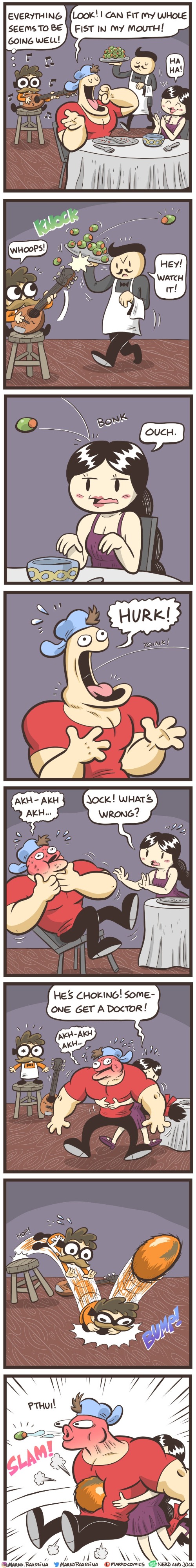 image tagged in jock,olga,olive,choking,nerd,rescue | made w/ Imgflip meme maker