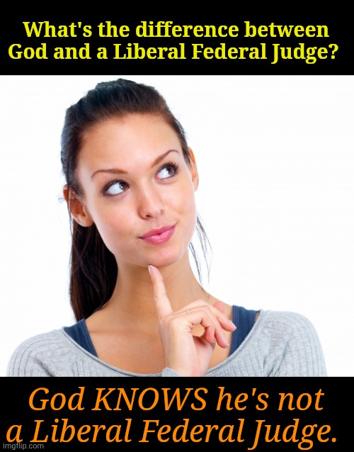 Ba-dum... Tssshhh! | What's the difference between God and a Liberal Federal Judge? God KNOWS he's not a Liberal Federal Judge. | image tagged in wondering woman | made w/ Imgflip meme maker