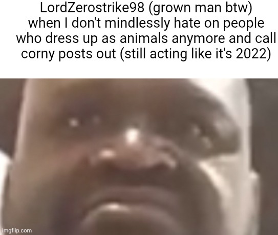 Chill unc ts | LordZerostrike98 (grown man btw) when I don't mindlessly hate on people who dress up as animals anymore and call corny posts out (still acting like it's 2022) | image tagged in shaq glare,p diddy x donald trump rule 34,big booby goth girls | made w/ Imgflip meme maker
