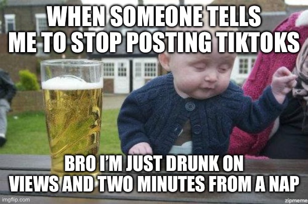 Me, after posting a few videos and wanting to take a nap afterwards | WHEN SOMEONE TELLS ME TO STOP POSTING TIKTOKS; BRO I’M JUST DRUNK ON VIEWS AND TWO MINUTES FROM A NAP | image tagged in drunk baby,drunk,hold my beer,beer,tiktok,influencer | made w/ Imgflip meme maker