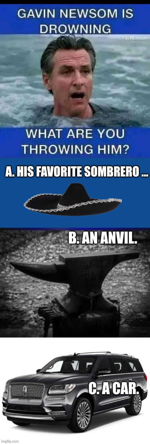 Gavin Newsom is sinking- help him out | A. HIS FAVORITE SOMBRERO ... | image tagged in slate blue solid color background,gavin,drowning | made w/ Imgflip meme maker