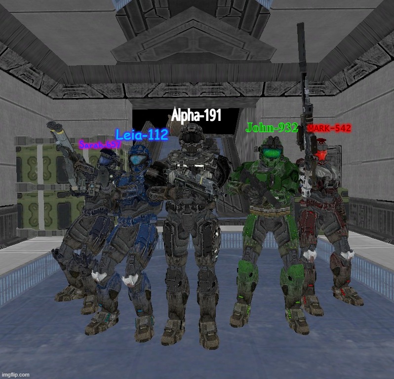 Squad 191 | Alpha-191; MARK-542; John-932; Leia-112; Sarah-657 | image tagged in halo | made w/ Imgflip meme maker