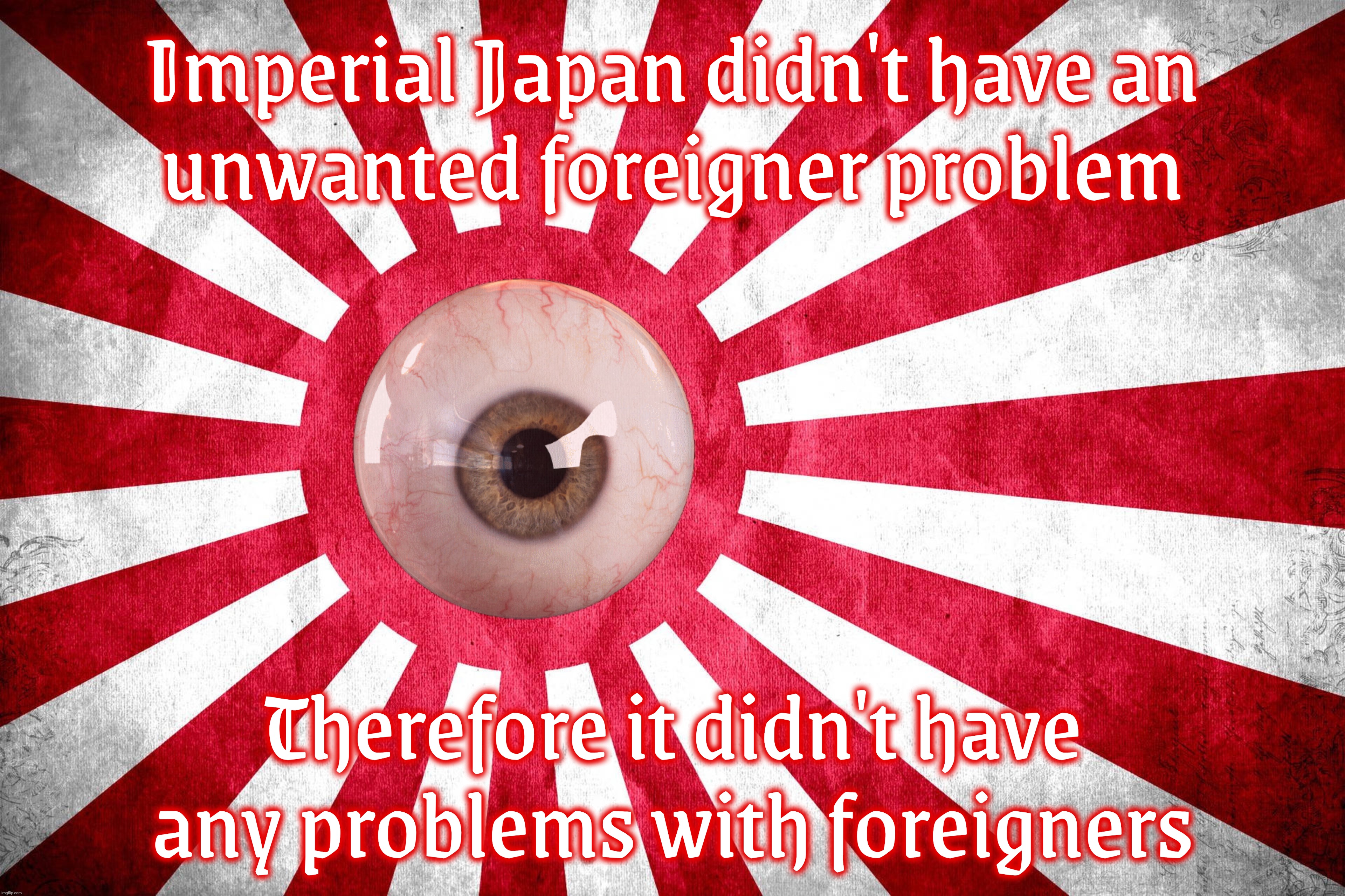 Imperial Japan didn't have an
unwanted foreigner problem; Therefore it didn't have any problems with foreigners | made w/ Imgflip meme maker