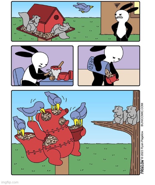 Buni Comics | image tagged in comics,buni,squirrels,bird feeder,thieves,solution | made w/ Imgflip meme maker