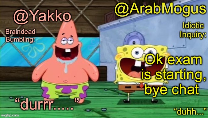 Yakko and ArabMogus’s shared temp | Ok exam is starting, bye chat | image tagged in yakko and arabmogus s shared temp | made w/ Imgflip meme maker
