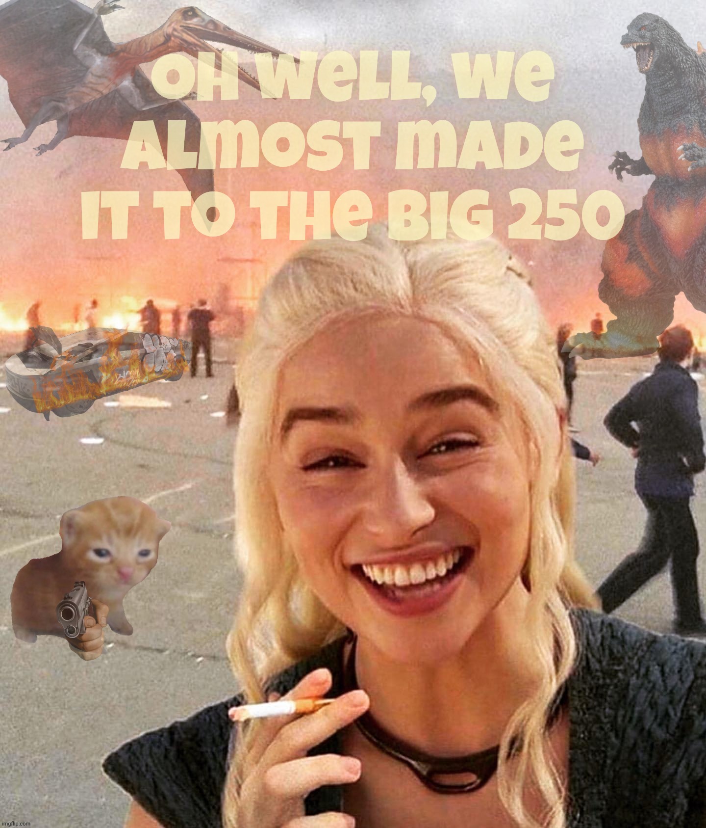 Disaster Smoker Gal kitchen sink edition | Oh well, we almost made it to the big 250 | image tagged in disaster smoker gal kitchen sink edition | made w/ Imgflip meme maker