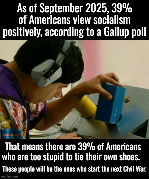 Violent and stupid.  The two hallmarks of socialists. | As of September 2025, 39% of Americans view socialism positively, according to a Gallup poll; That means there are 39% of Americans who are too stupid to tie their own shoes. These people will be the ones who start the next Civil War. | image tagged in look at other socialist countries,scandinavia is not socialist,socialism is how you get more hitlers and stalins | made w/ Imgflip meme maker