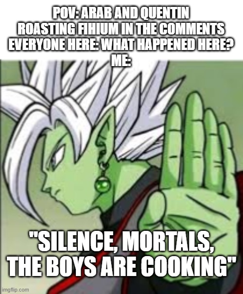A post about me being happy that I have people proving my good points here | POV: ARAB AND QUENTIN ROASTING FIHIUM IN THE COMMENTS
EVERYONE HERE: WHAT HAPPENED HERE?
ME:; "SILENCE, MORTALS, THE BOYS ARE COOKING" | image tagged in dbs silence mortal he s cooking | made w/ Imgflip meme maker