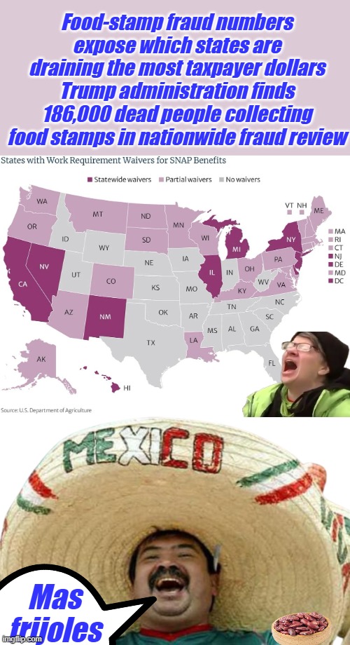Food-stamp fraud numbers expose which states are draining the most taxpayer dollars
Trump administration finds 186,000 dead people collecting food stamps in nationwide fraud review; Mas frijoles | image tagged in mexican word of the day transparent | made w/ Imgflip meme maker
