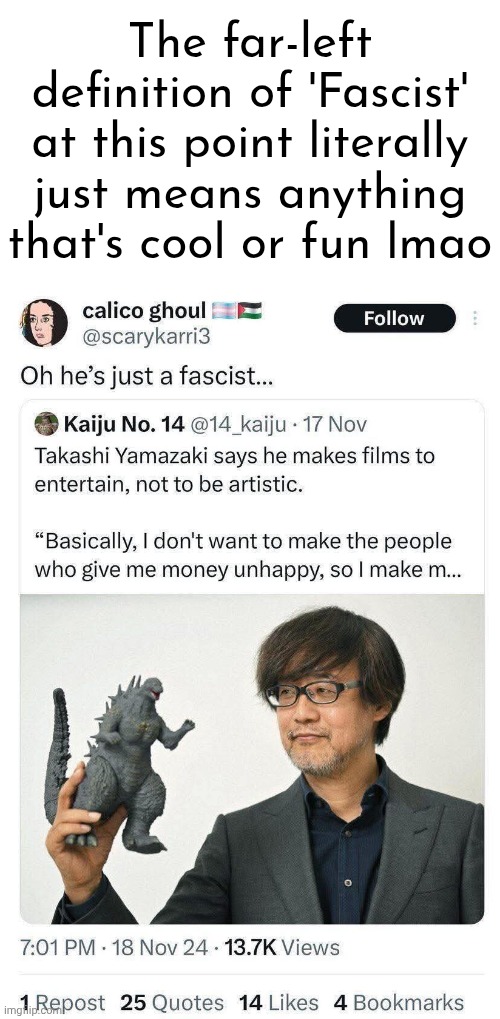 "Godzilla is hecken fashist!!!!" -some left wing ghoul | The far-left definition of 'Fascist' at this point literally just means anything that's cool or fun lmao | image tagged in far left ghoul | made w/ Imgflip meme maker