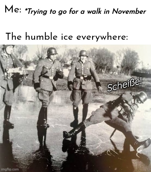 Today it's literally the first day we're getting ice and I've already fallen on my arse earlier. ON THE FIRST DAY. LOL. | *Trying to go for a walk in November; Me:; The humble ice everywhere:; Scheiße! | image tagged in memez,black ice,slippery,winter,i i didnt last long,whoopsie daisy | made w/ Imgflip meme maker