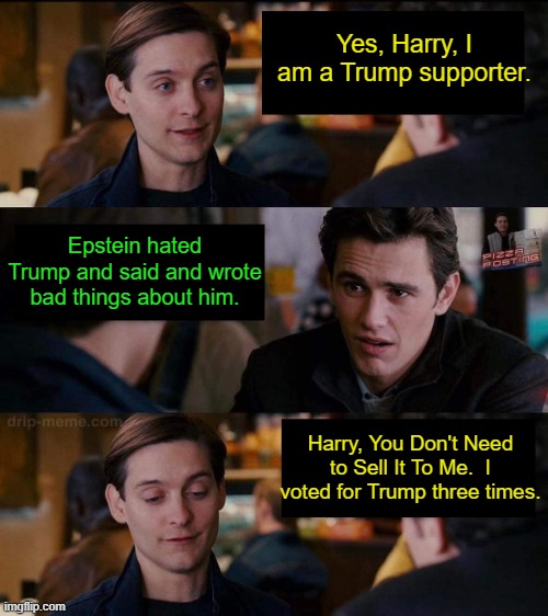 Do you hear yourselves leftists?  Epstein hated Trump and so we should hate Trump? | Yes, Harry, I am a Trump supporter. Epstein hated Trump and said and wrote bad things about him. Harry, You Don't Need to Sell It To Me.  I voted for Trump three times. | image tagged in harry you don't need to sell it to me | made w/ Imgflip meme maker